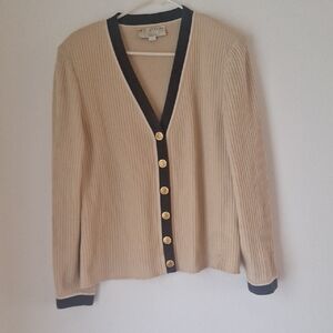 St. John Cream Cardigan with Black Accents and Gold Buttons